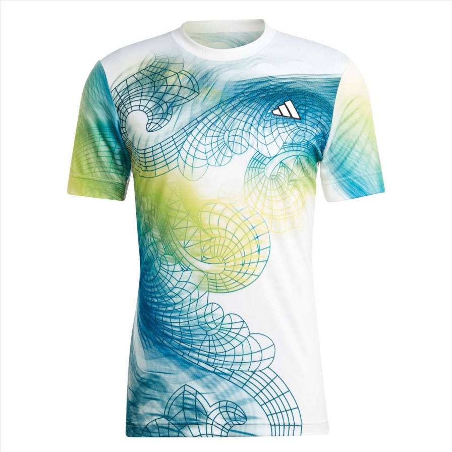 Clothing * | Prefential Price Adidas Mens Printed Aeroready Freelift Pro Badminton T-Shirt White